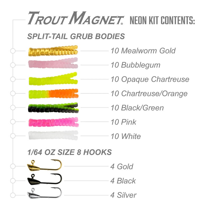 Trout Magnet 82 Piece Neon Fishing Kit, Catches All Types of Fish, Includes 70 Grub Bodies And 12 Size 8 Hooks, Orange,Green,White,Silver - Image 2